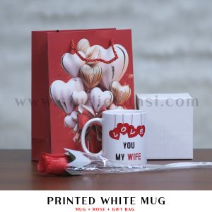 Printed White Mug with Red Rose & Gift Bag